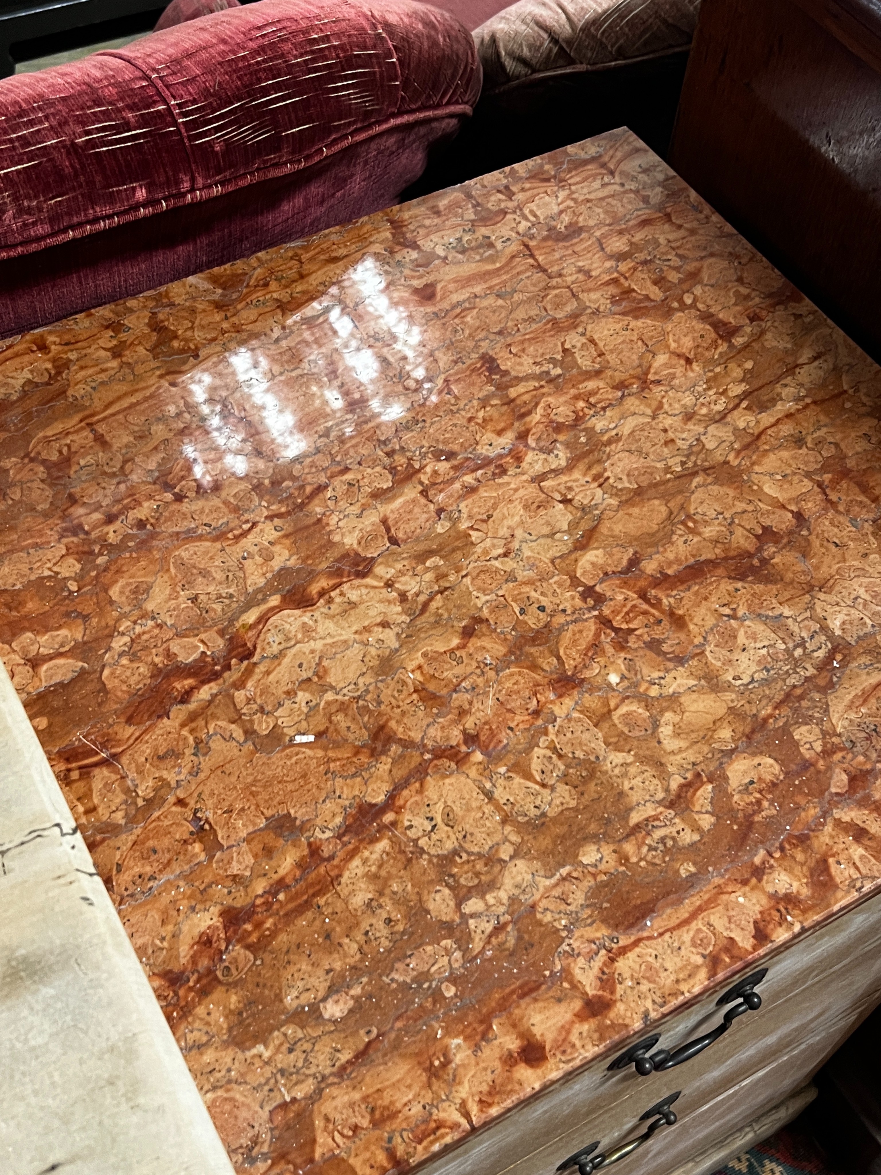 A late Victorian part marble topped four drawer pine dressing chest, width 102cm, depth 48cm, height 146cm